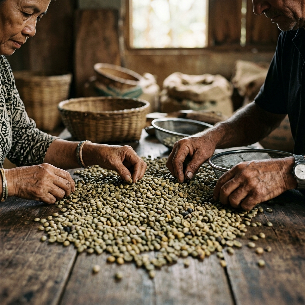 Kaffeebauern sortieren Rohkaffeebohnen von Hand